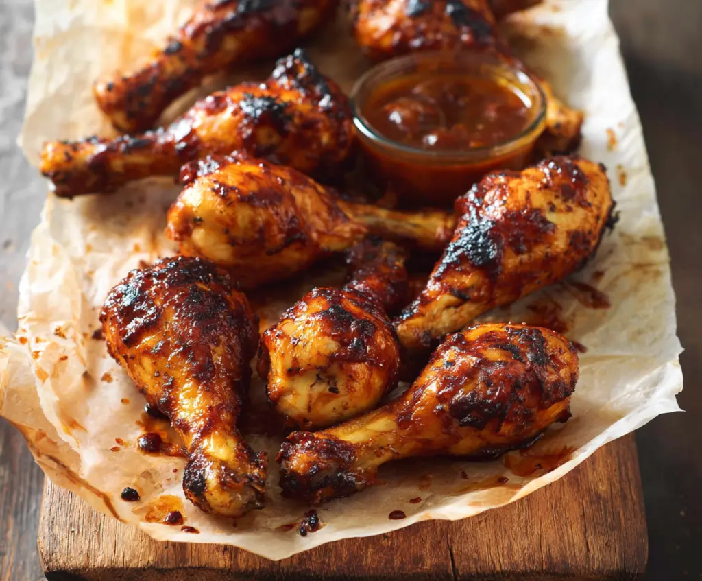 Juicy baked chicken drumsticks on a plate garnished with herbs, perfect for a delicious chicken drumsticks recipe.