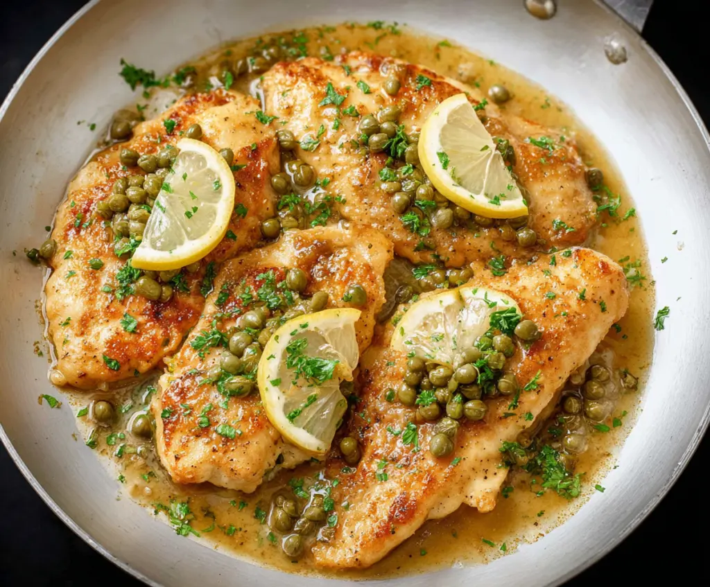 Delicious chicken piccata featuring golden fried chicken breasts topped with lemon caper sauce.