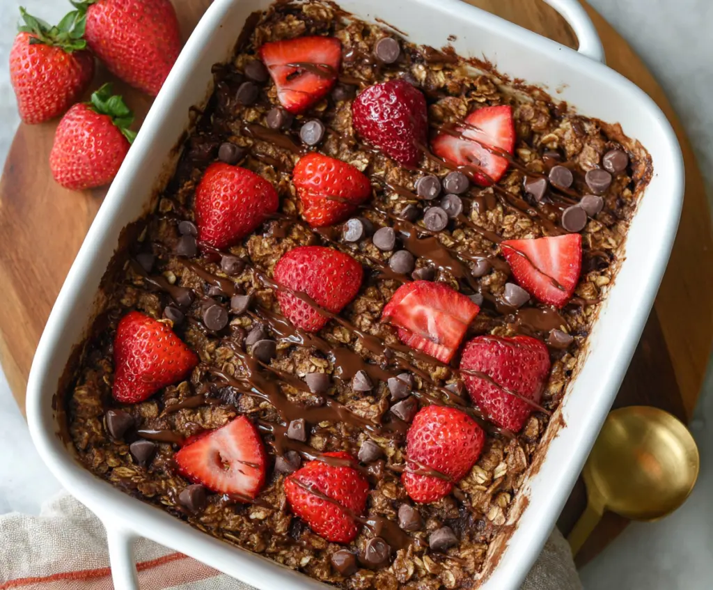 Delicious chocolate and strawberry baked oatmeal served on a plate