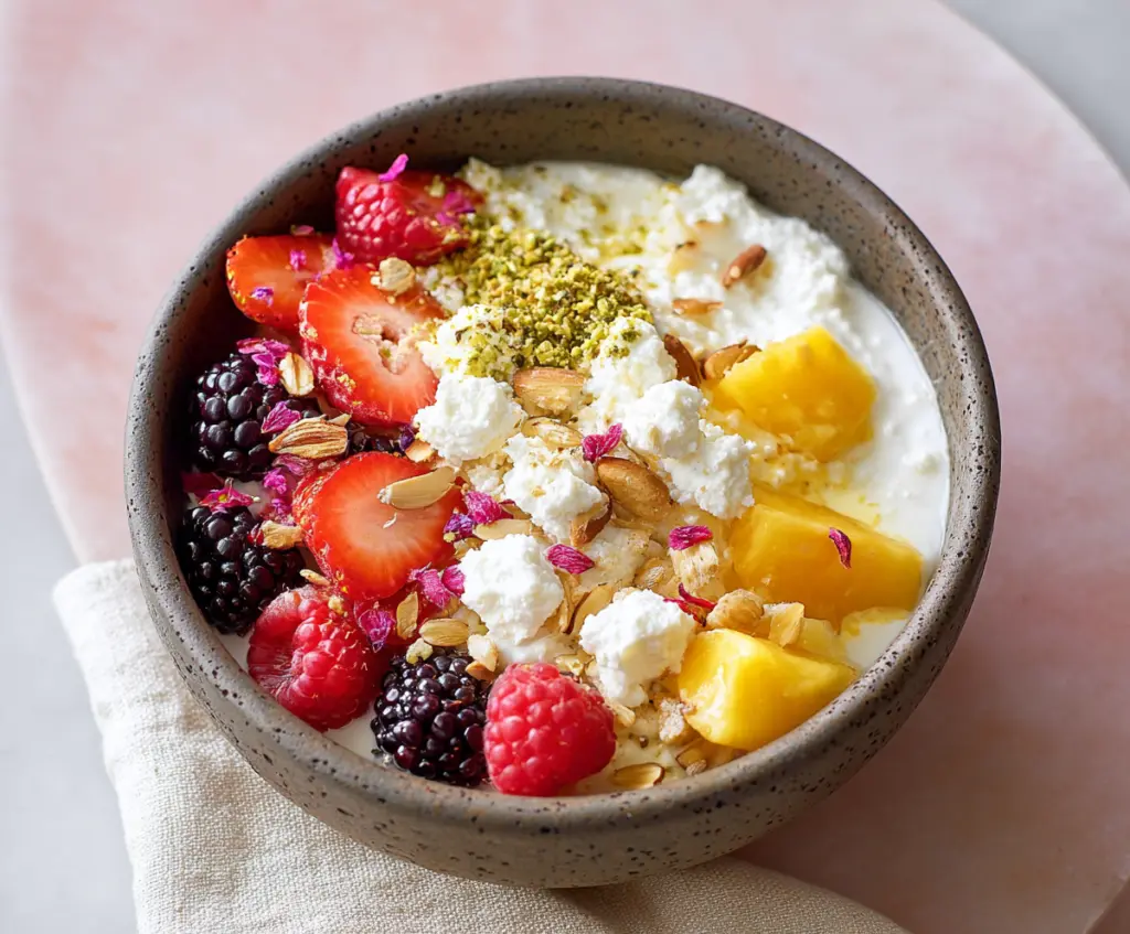 Healthy cottage cheese breakfast bowl topped with fresh fruits and nuts for a nutritious start to your day.