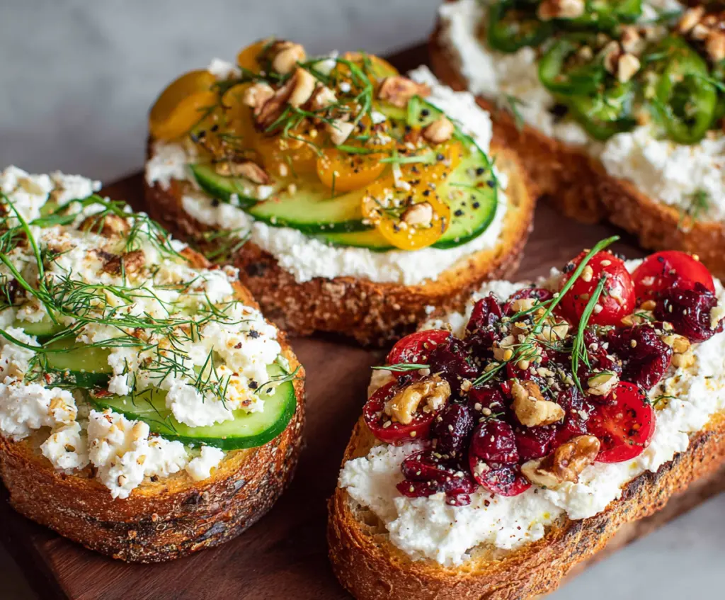 Delicious cottage cheese toast topped with fresh herbs and vegetables, perfect for a healthy breakfast.