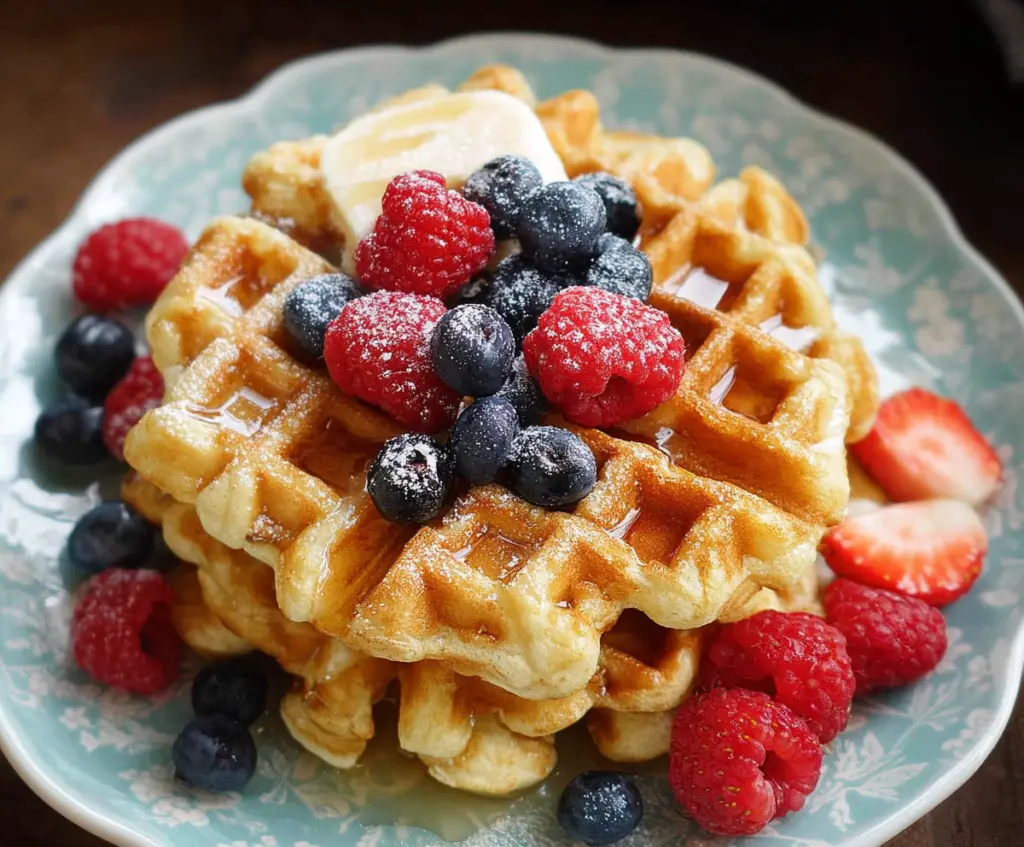 Delicious homemade cottage cheese waffles served on a plate with fresh berries