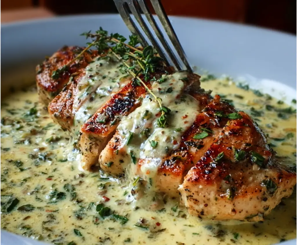 Delicious creamy herb chicken served with fresh herbs and vegetables for a flavorful meal.