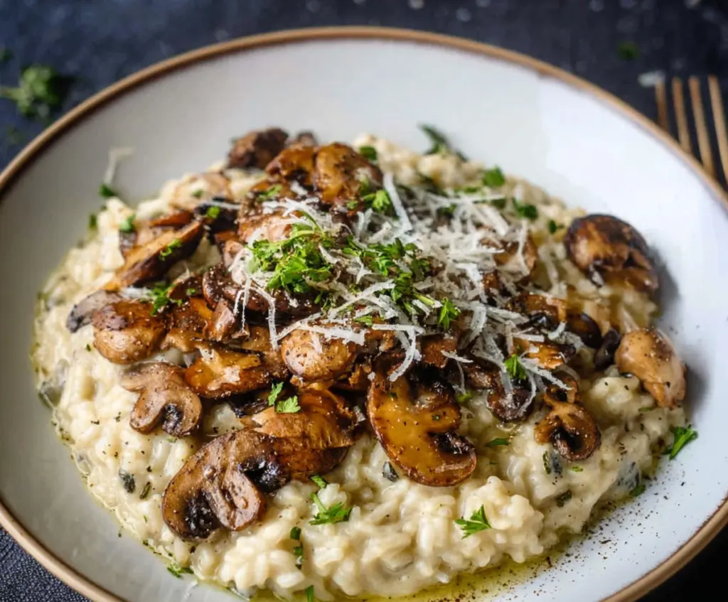 Creamy mushroom risotto served in a romantic dinner setting for two with a glass of white wine.