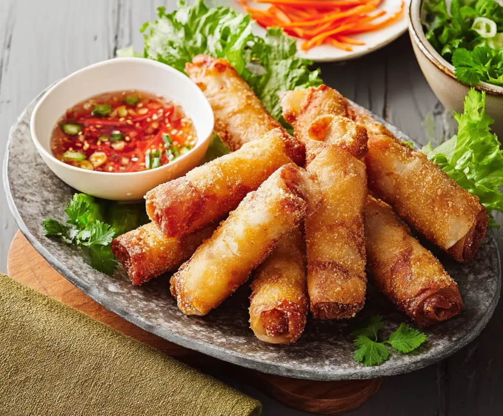 Golden crispy spring rolls filled with fresh vegetables, served with dipping sauce.