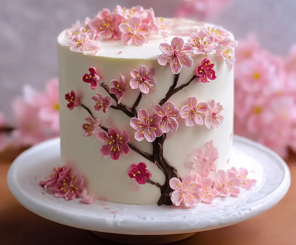 Delicate Cherry Blossom Cake with pastel pink frosting and intricate floral decorations, perfect for spring celebrations.