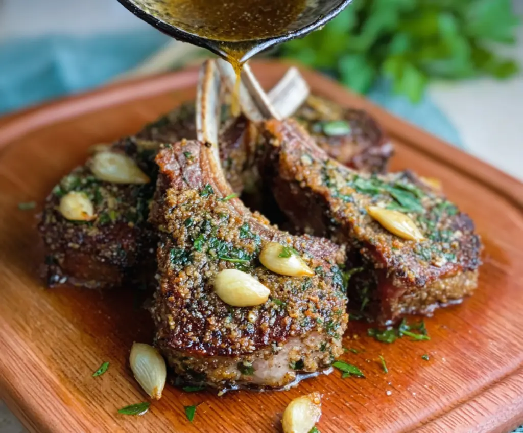 Juicy garlic and herb crusted lamb chops served on a white plate, garnished with fresh herbs.