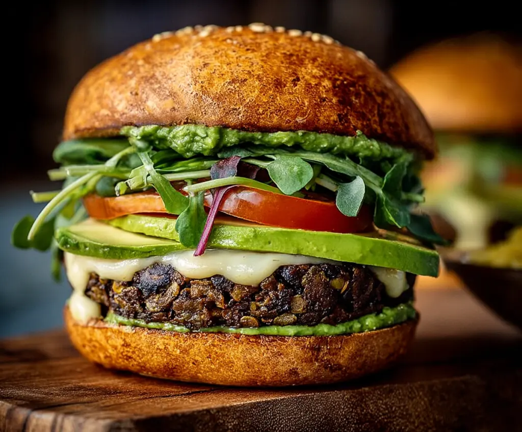Delicious Green Goddess Black Bean Burger topped with fresh greens and herbs, ready to serve.