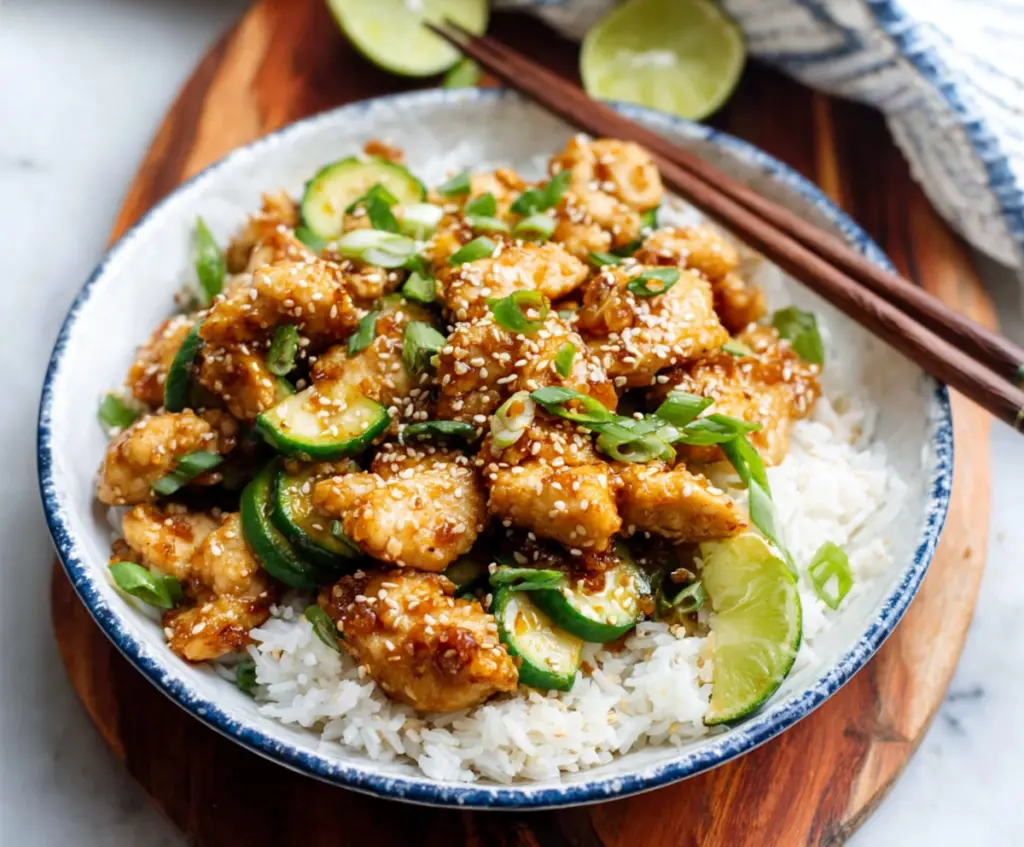 Delicious healthy sesame chicken served on a plate with fresh vegetables