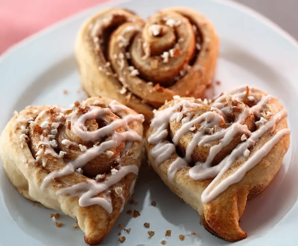 Delicious heart-shaped cinnamon rolls with a glossy glaze, perfect for breakfast or special occasions.