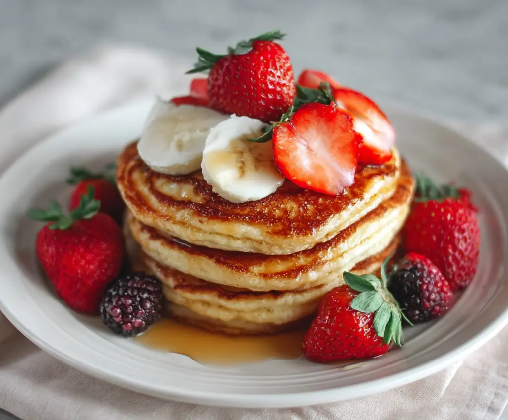 Delicious high-protein cottage cheese pancakes stacked on a plate topped with fresh fruit and honey.