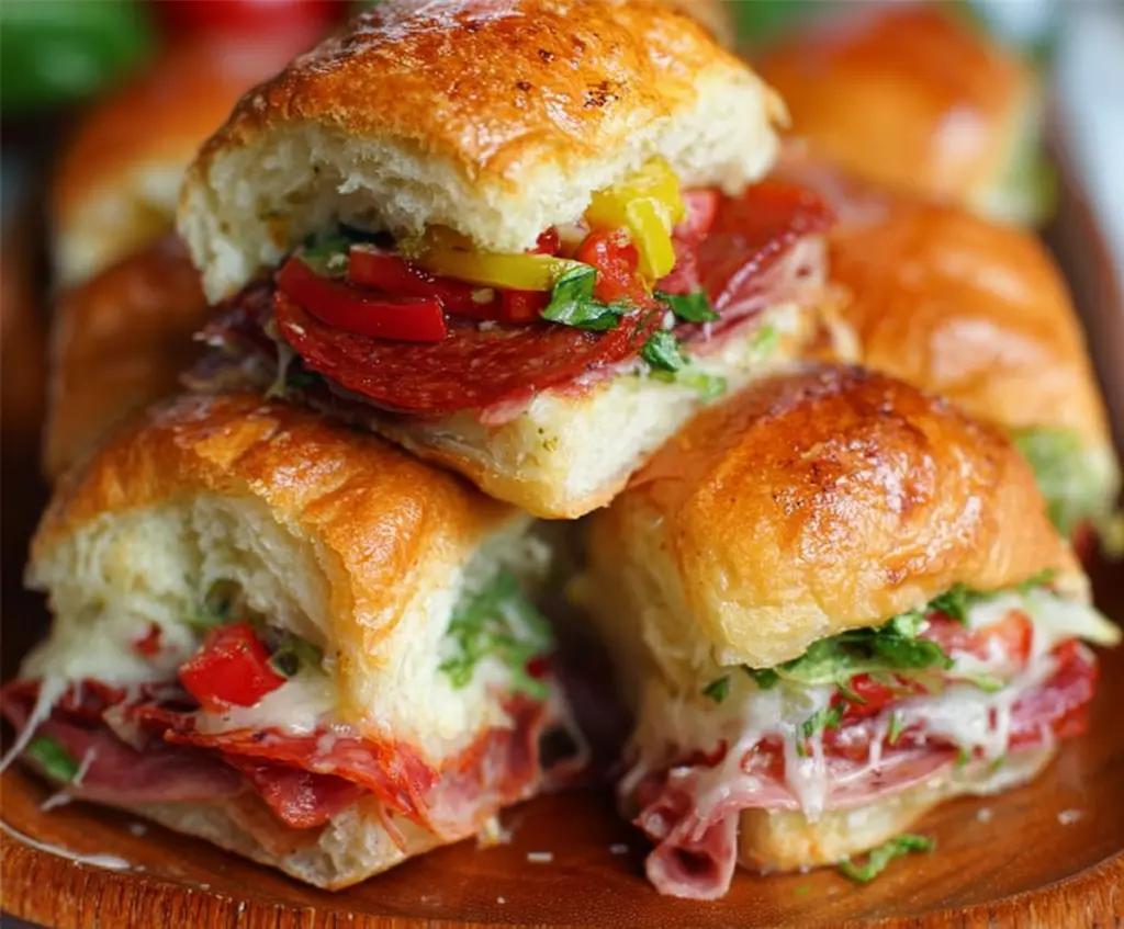 Delicious Hot Italian Sub Sliders with melted cheese, pepperoni, and spicy Italian sausage in a toasted bun.
