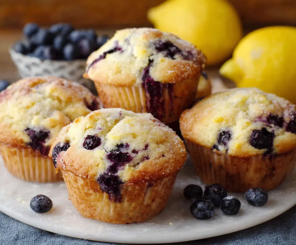 Freshly baked lemon blueberry muffins with a golden crust and vibrant blueberries inside.