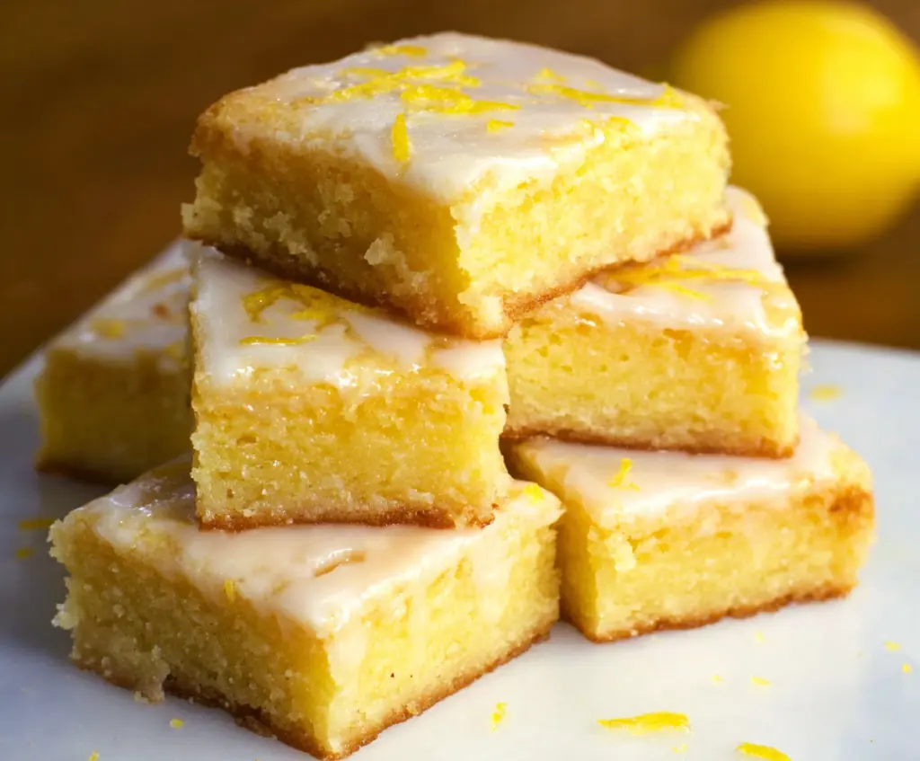 Delicious lemon brownies with a bright yellow glaze topped with lemon zest on a white plate.