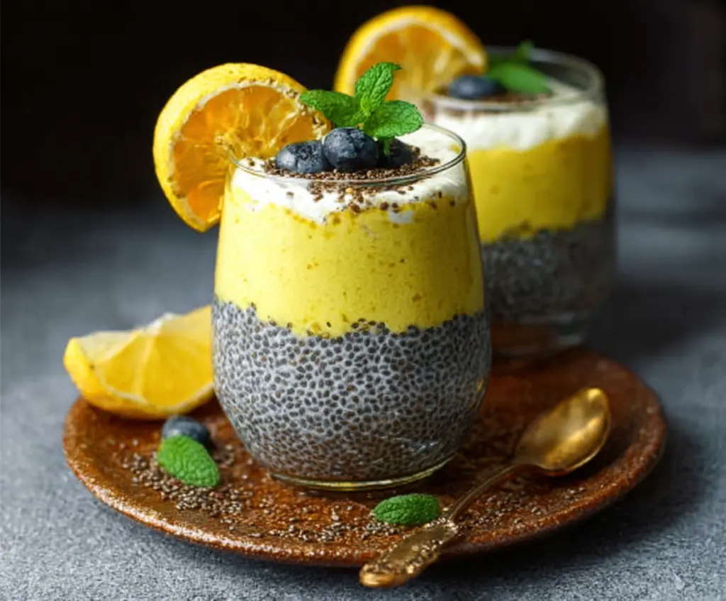 Delicious Lemon Cream Chia Pudding topped with fresh lemon slices and mint leaves