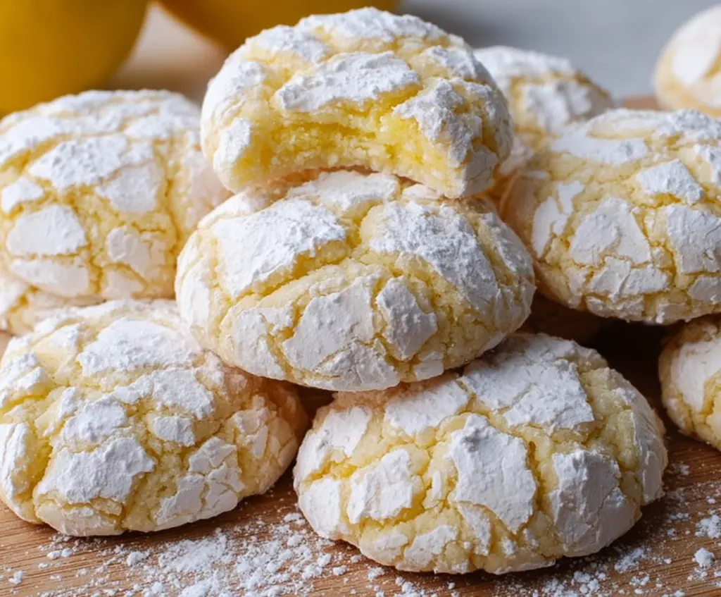 Delicious Lemon Crinkle Cookies with a vibrant yellow sugar coating, perfect for springtime desserts.
