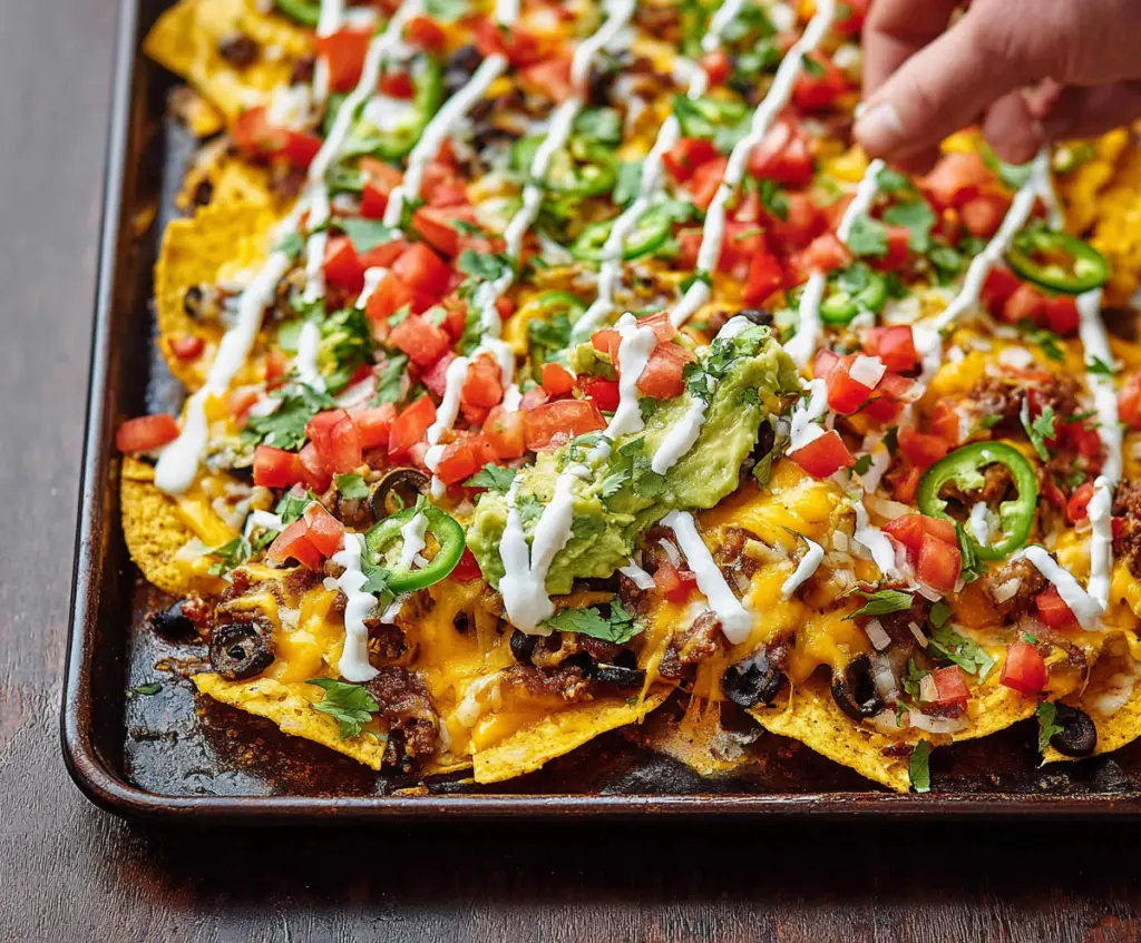 Loaded sheet pan nachos featuring melted cheese, jalapenos, sour cream, and seasoned ground beef on a crispy chip bed.