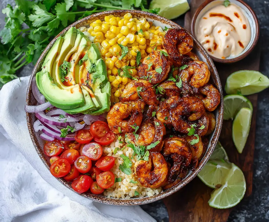 Colorful Mexican Shrimp Bowls with fresh vegetables and vibrant herbs on a wooden table.
