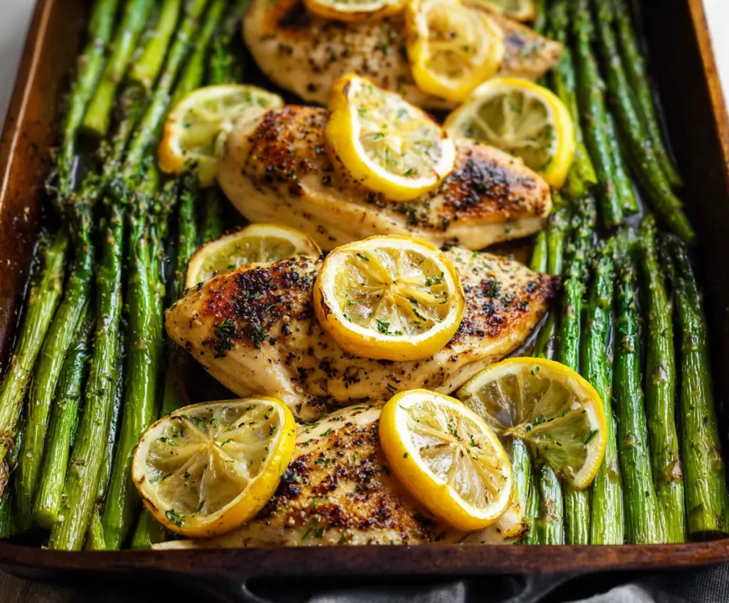Juicy lemon herb chicken breast cooked on a single pan with fresh asparagus, perfect for a healthy meal.