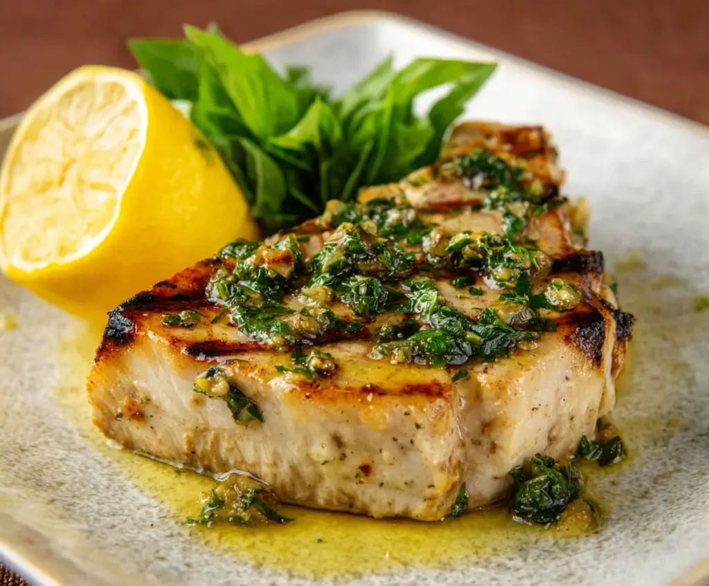 Delicious oven-baked swordfish fillet topped with lemon butter sauce on a white plate.