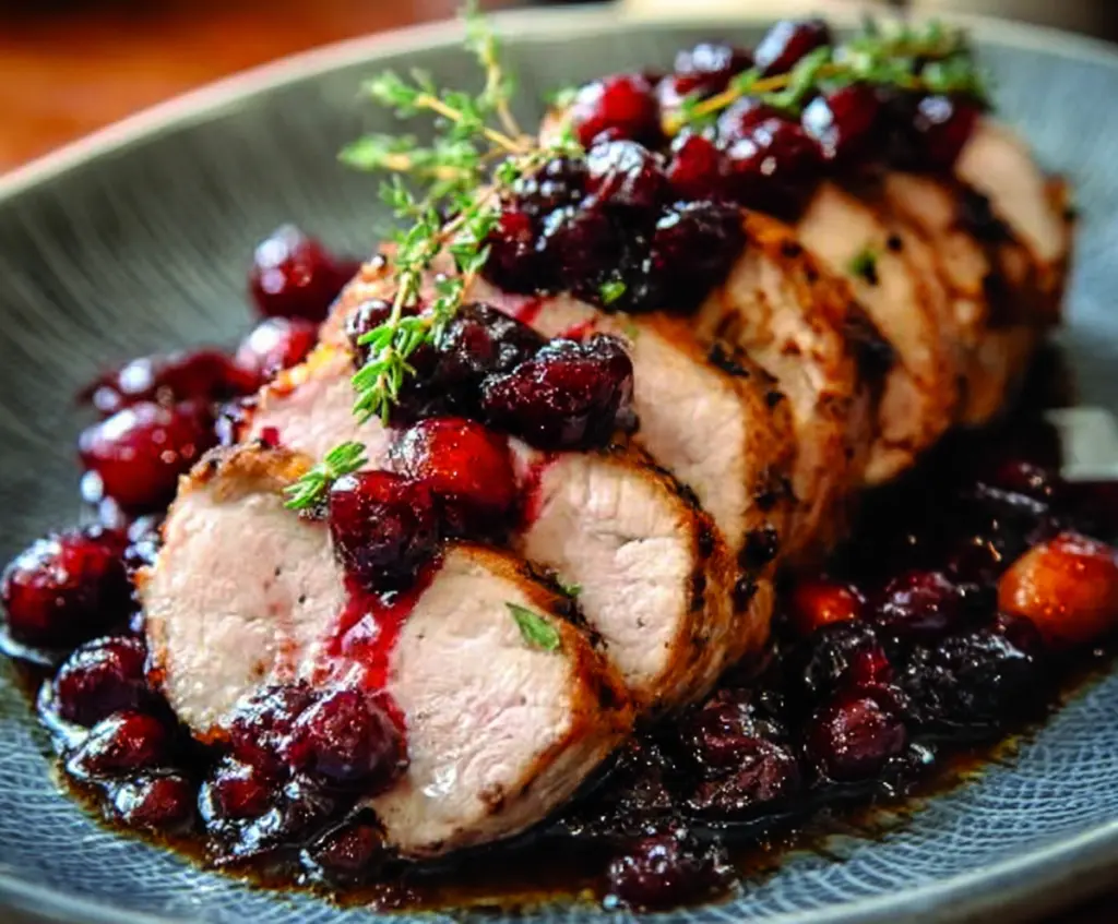 Delicious pork tenderloin served with sweet and tangy agrodolce cherries on a white plate.