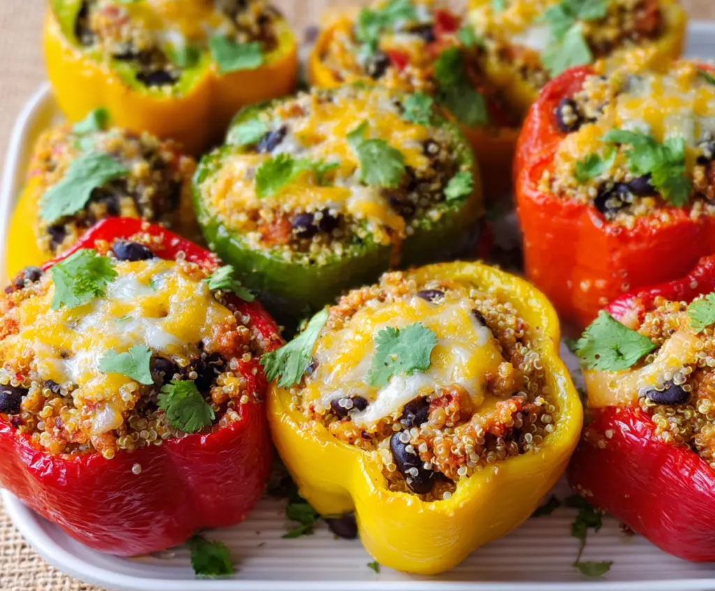 Colorful quinoa and black bean stuffed peppers garnished with fresh herbs, perfect for a healthy vegetarian meal.