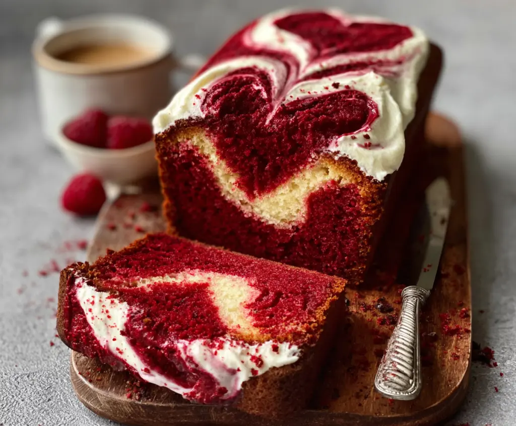 Delicious homemade Red Velvet Loaf Cake with creamy frosting on a wooden table.
