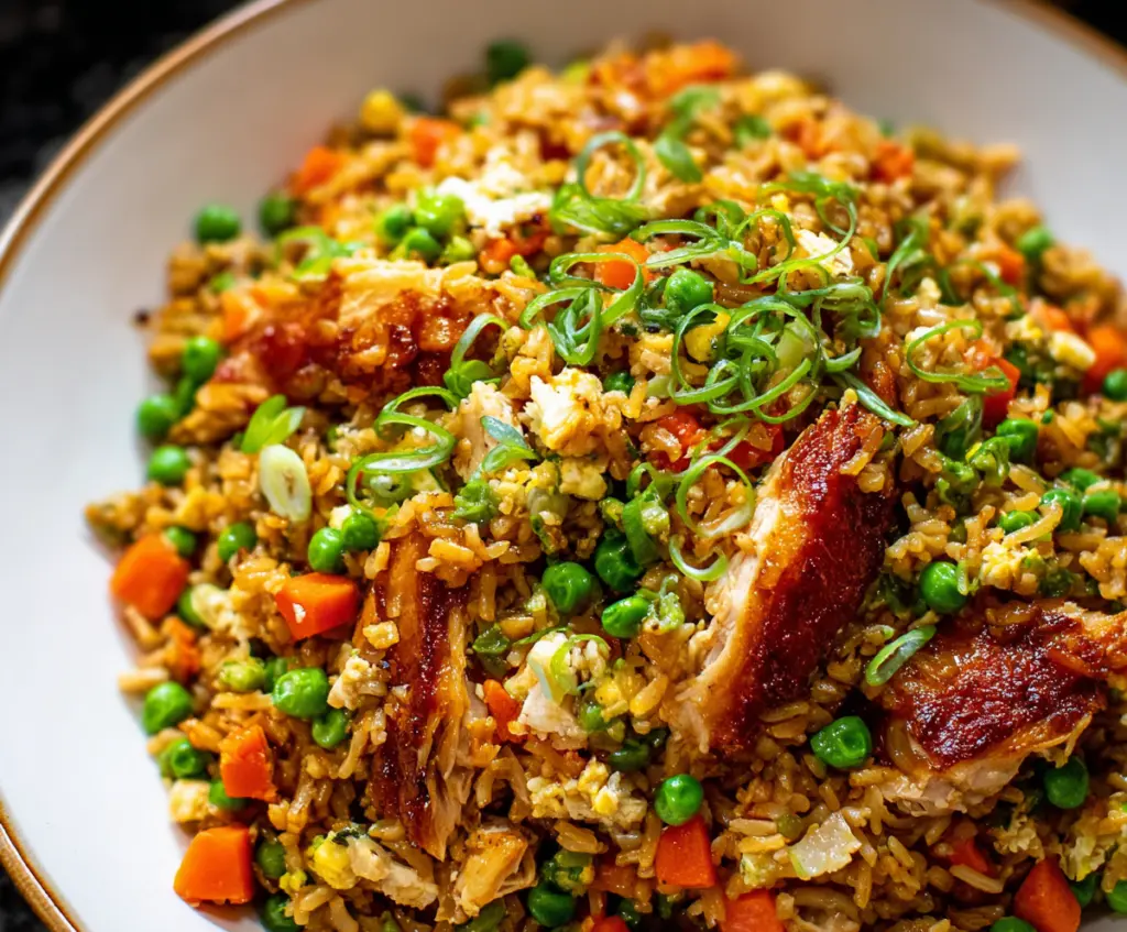 Delicious rotisserie chicken fried rice served with colorful vegetables and fragrant spices.