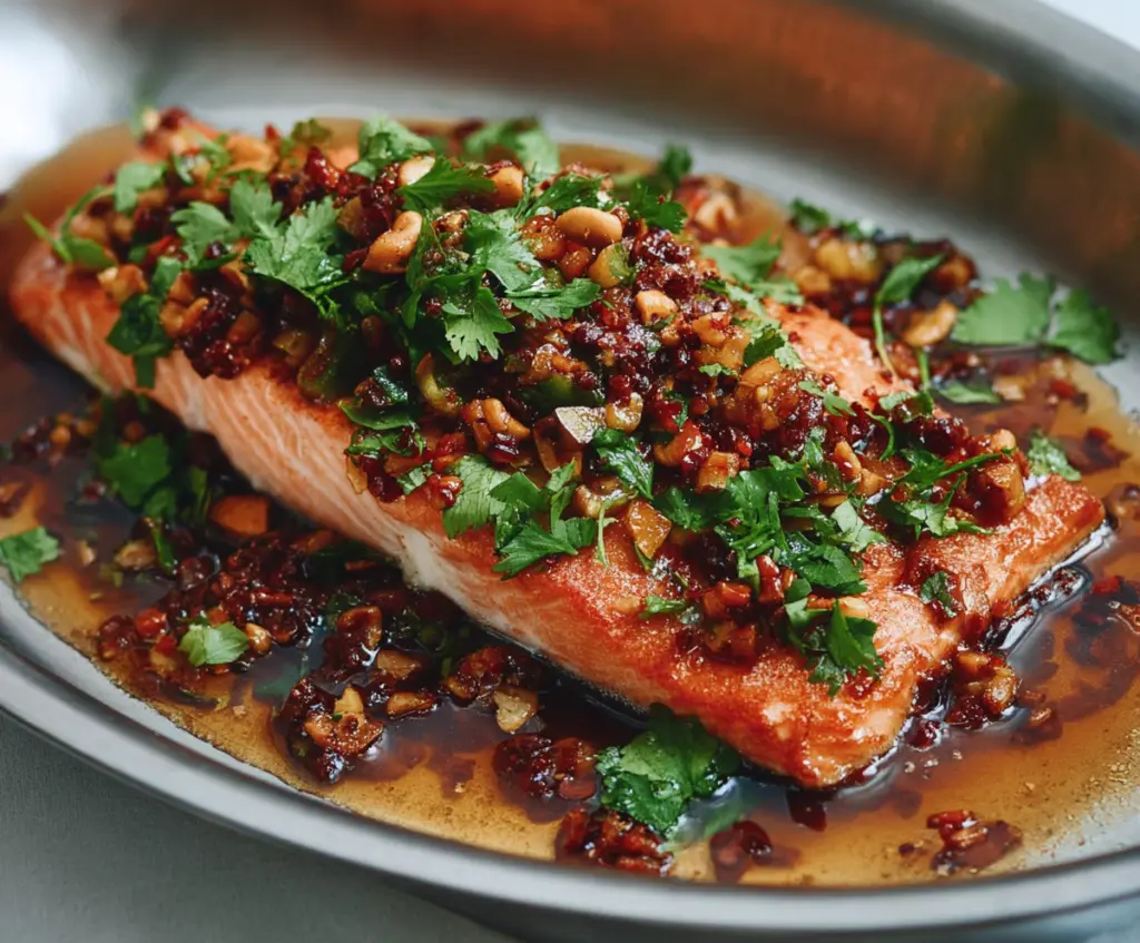 Delicious grilled salmon topped with vibrant sizzled nut salsa, plated beautifully for a healthy, gourmet meal.