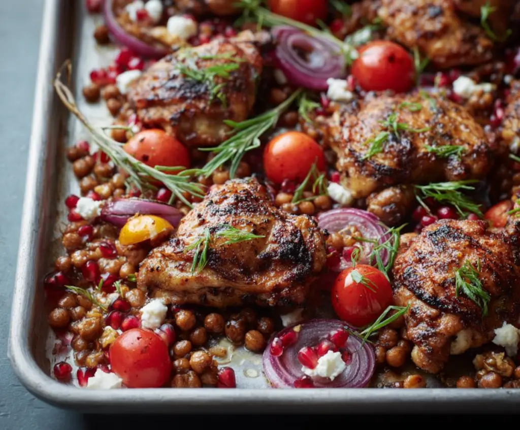 Delicious sheet-pan pomegranate chicken garnished with fresh walnuts and vibrant pomegranate seeds.