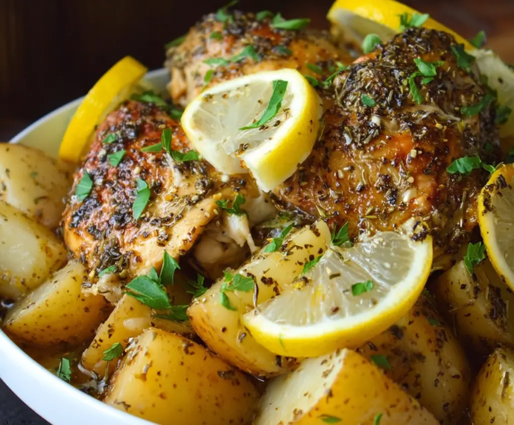 Delicious slow cooker Greek lemon chicken with tender potatoes and fresh herbs.