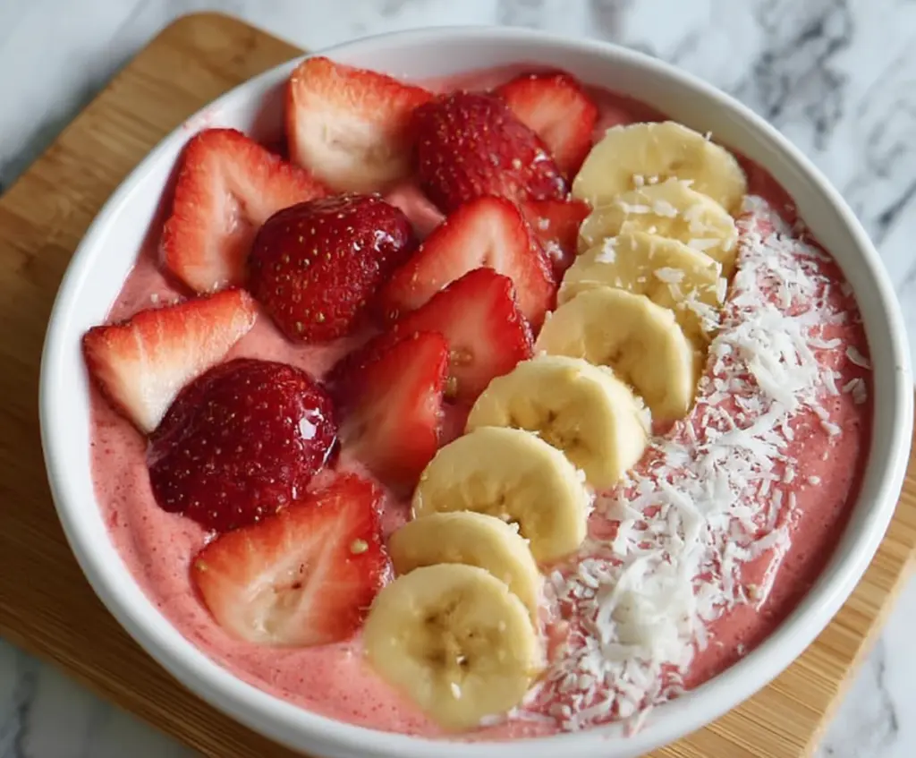 Healthy strawberry banana smoothie bowl topped with fresh fruit and granola, perfect for breakfast or snack.