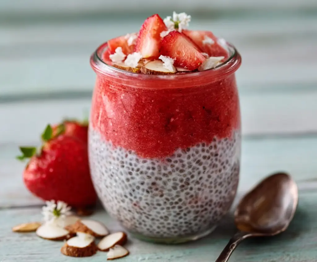 Delicious strawberry coconut chia pudding in a glass ramekin, garnished with fresh strawberries and shredded coconut.