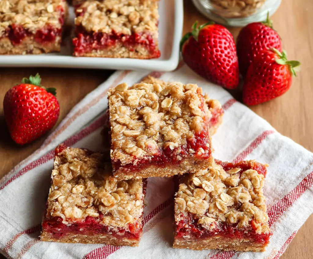 Delicious homemade strawberry oatmeal bars with fresh strawberries and a crunchy oat crust.