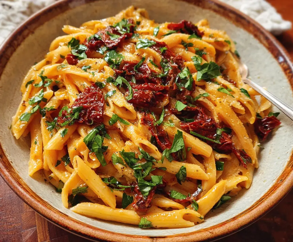 Delicious Sun-Dried Tomato Pasta garnished with fresh basil on a rustic wooden table