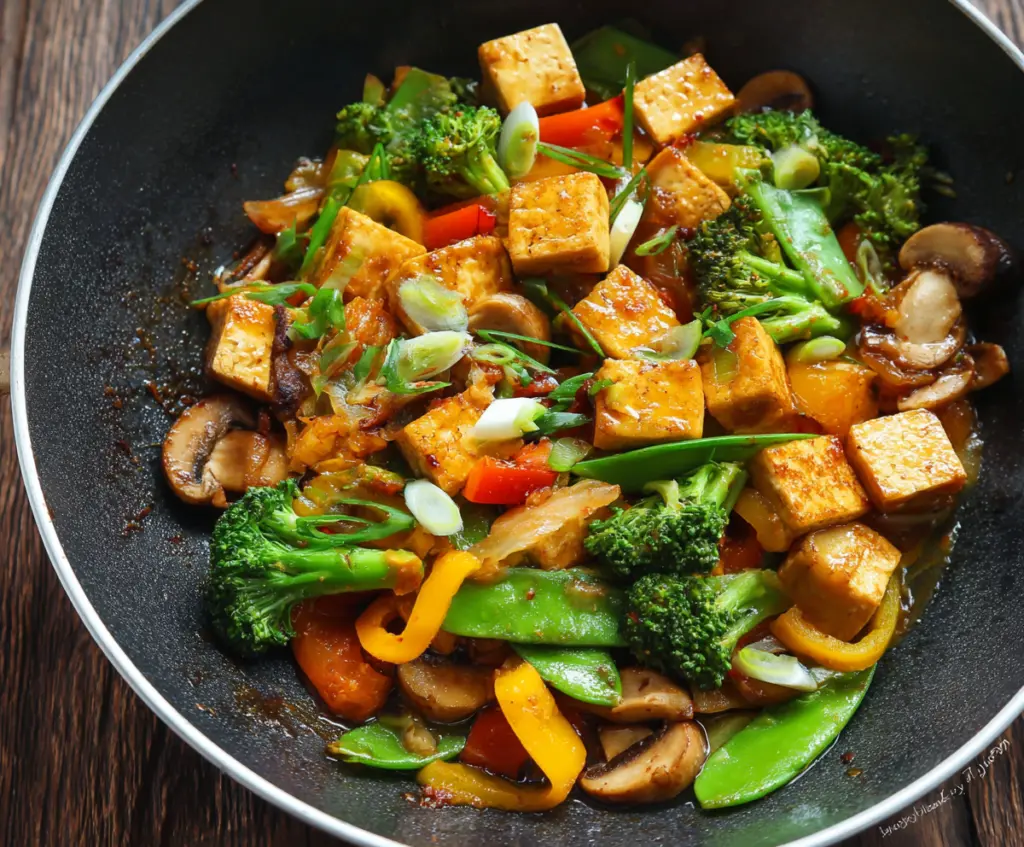Colorful veggie-packed tofu stir-fry in a skillet, featuring bell peppers, broccoli, and carrots for a healthy meal.