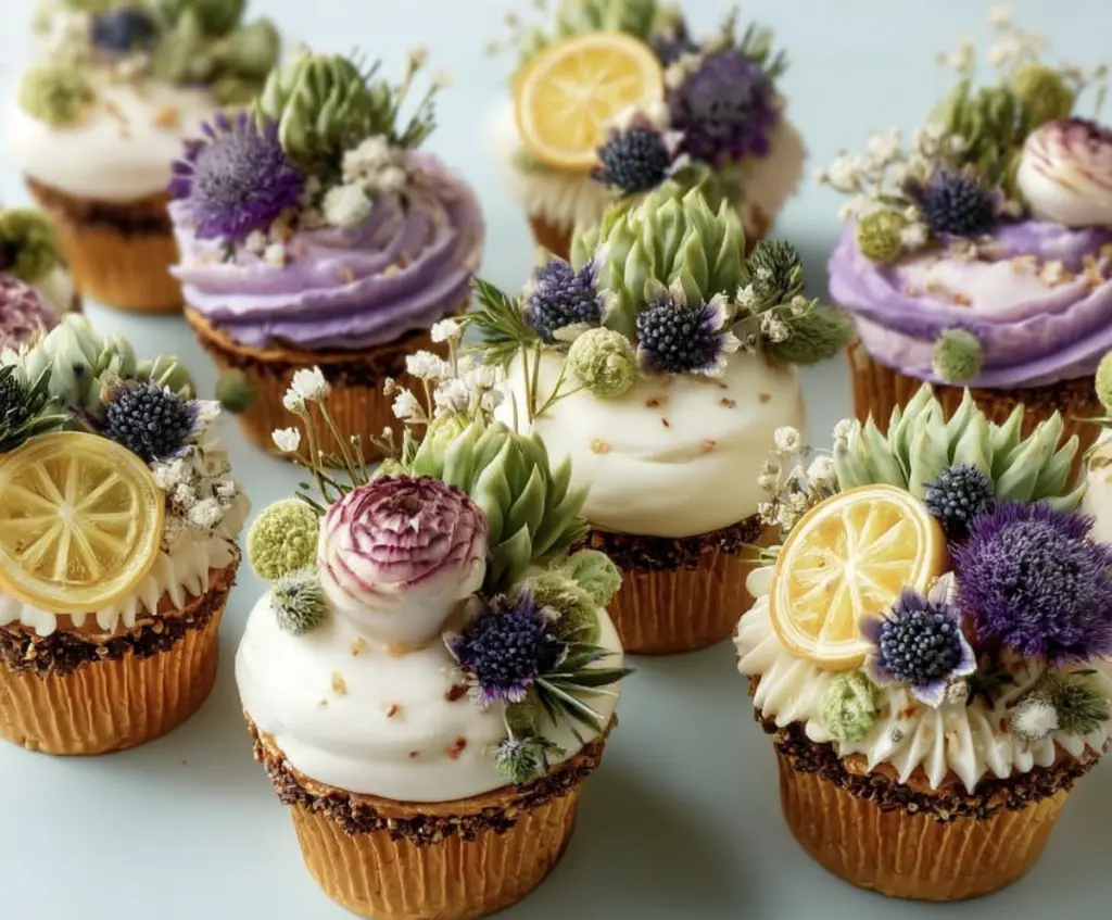 Colorful viral wildflower cupcakes decorated with edible wildflowers and vibrant frosting.