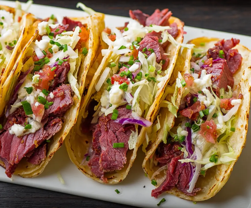 Delicious Corned Beef Tacos filled with savory meat, fresh vegetables, and flavorful seasonings.