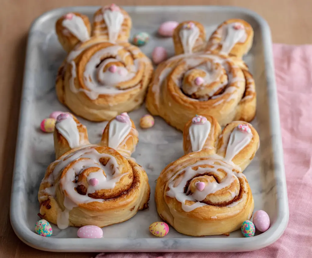 Easter Bunny Cinnamon Rolls decorated with colorful frosting and sprinkles for a festive breakfast.