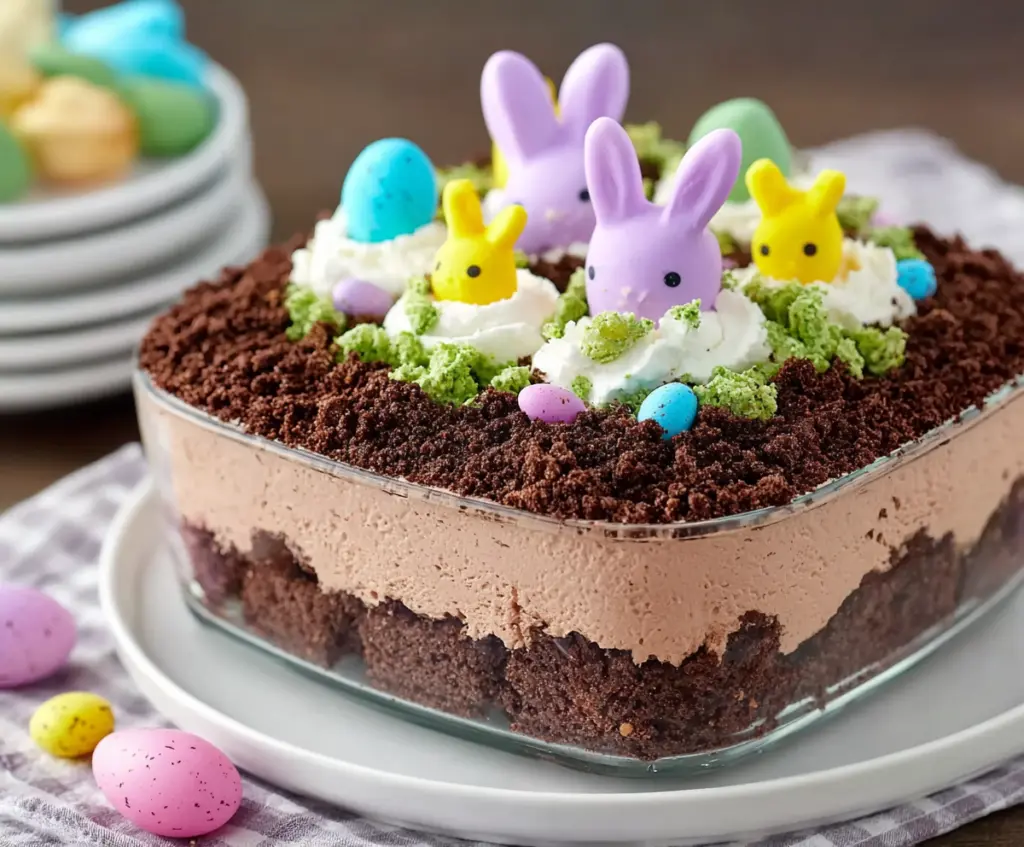 Delicious Easter Dirt Cake with chocolate crumbs and colorful candies for festive desserts