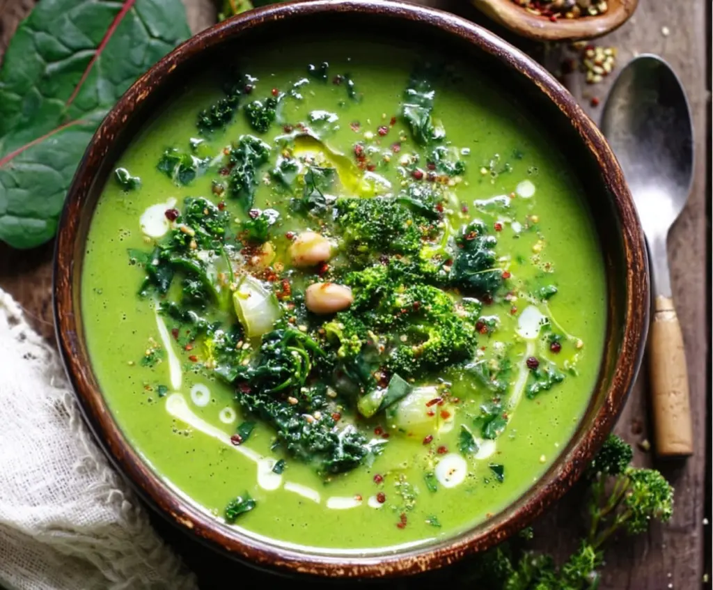 Healthy green detox soup with fresh vegetables and herbs served in a bowl.