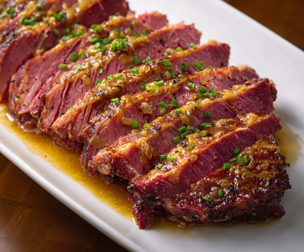 Juicy roasted corned beef with crispy golden edges served on a platter.