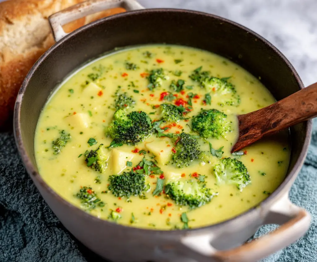Creamy vegan broccoli and potato soup served in a bowl, perfect for a healthy vegetarian meal.
