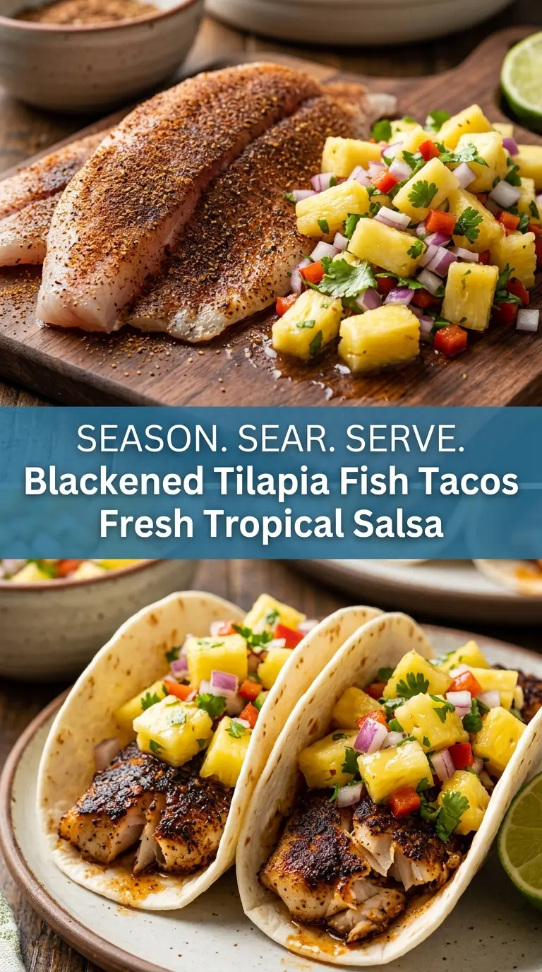 Blackened tilapia fish tacos with pineapple salsa, smoky, fresh, tropical