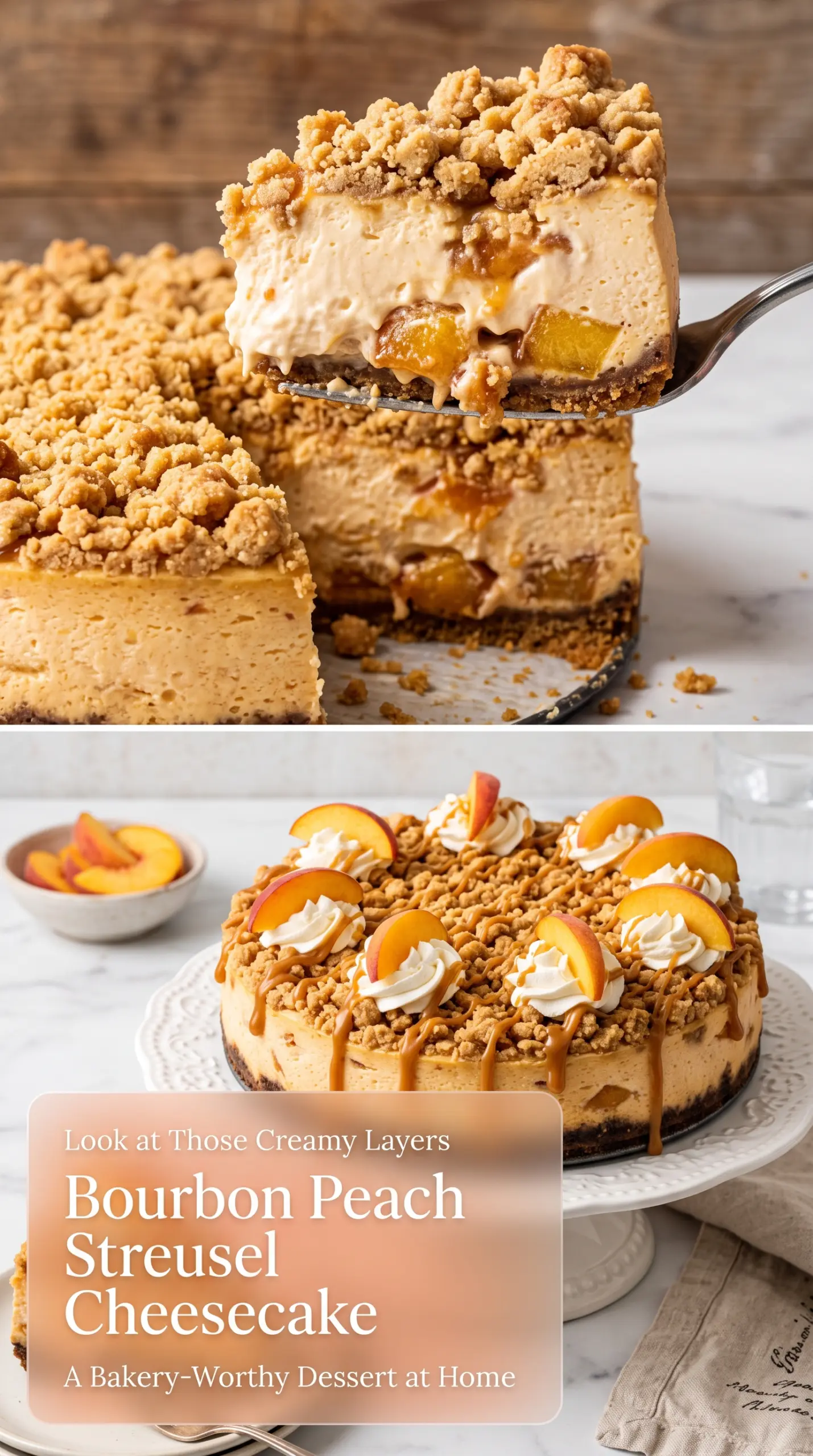 Bourbon Peach Streusel Cheesecake creamy peachy cinnamon