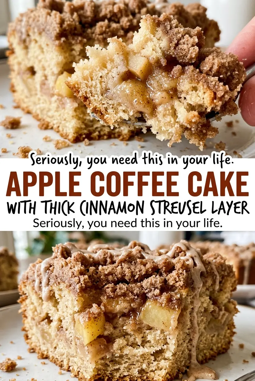 Apple coffee cake with thick cinnamon streusel, golden and crumbly