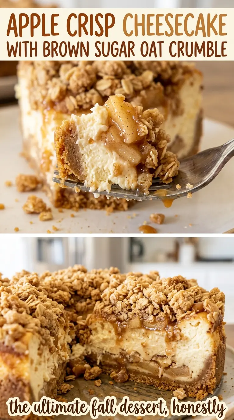Apple Crisp Cheesecake with Brown Sugar Oat Crumble, creamy and golden