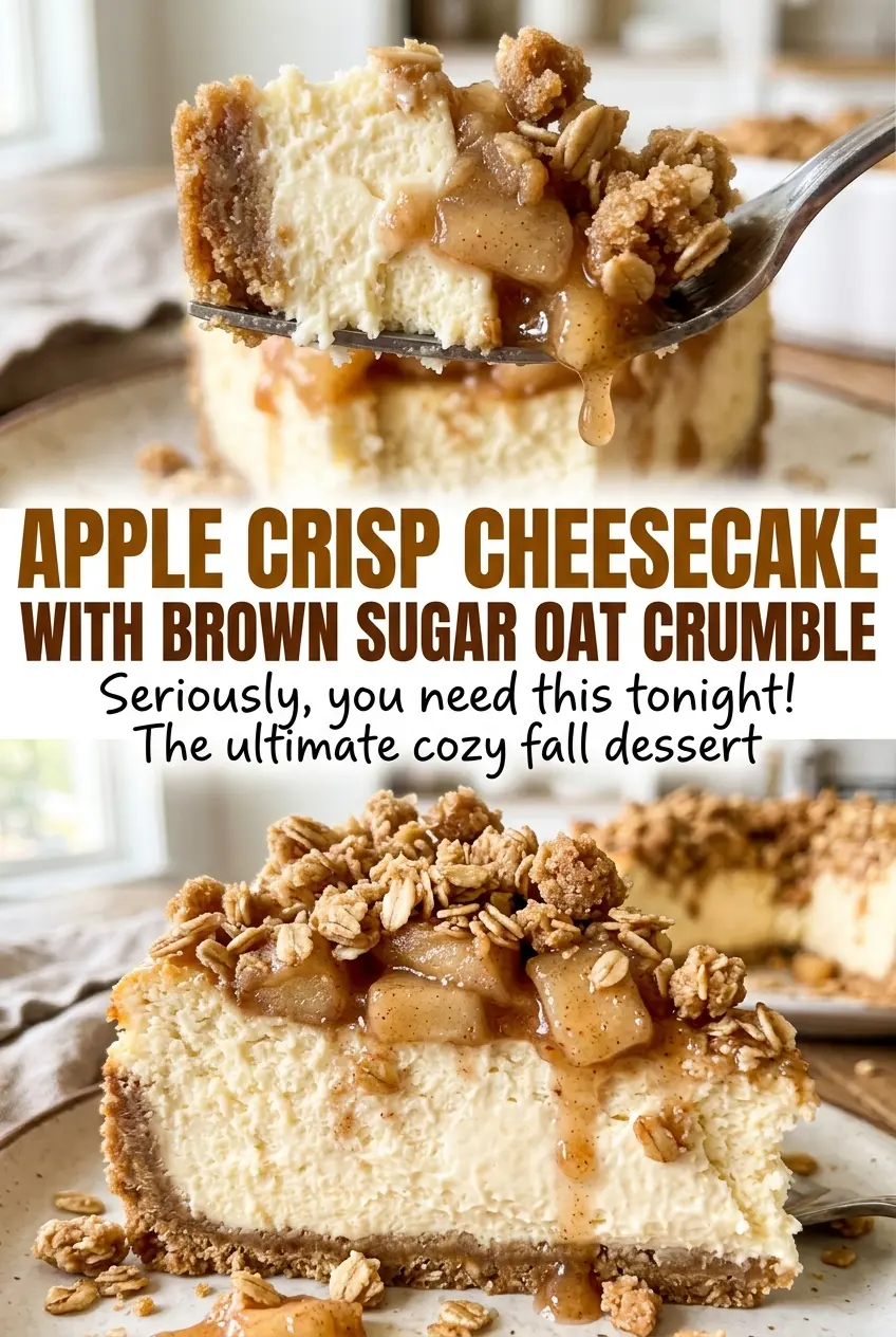 Apple Crisp Cheesecake with Brown Sugar Oat Crumble, creamy and golden