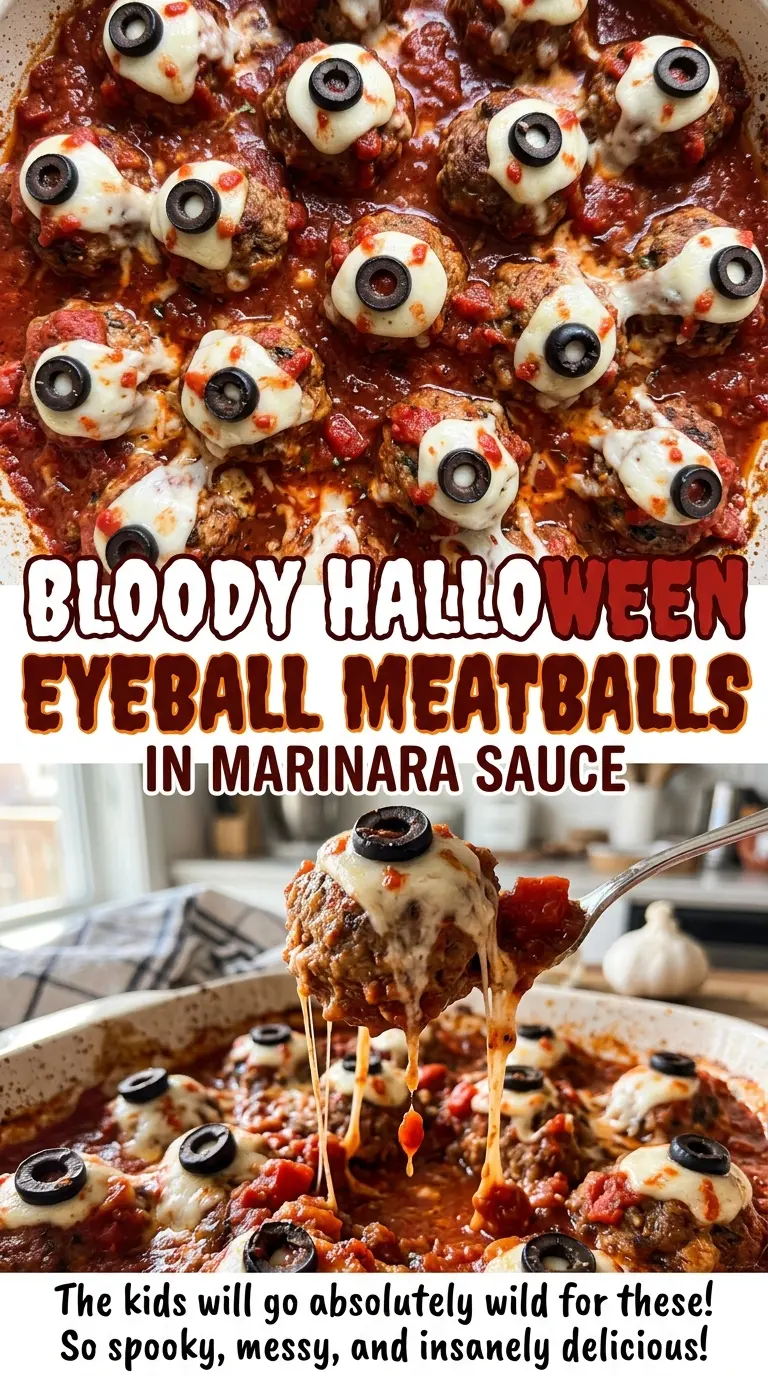 Bloody Halloween Eyeball Meatballs in Marinara Sauce, saucy, cheesy, spooky