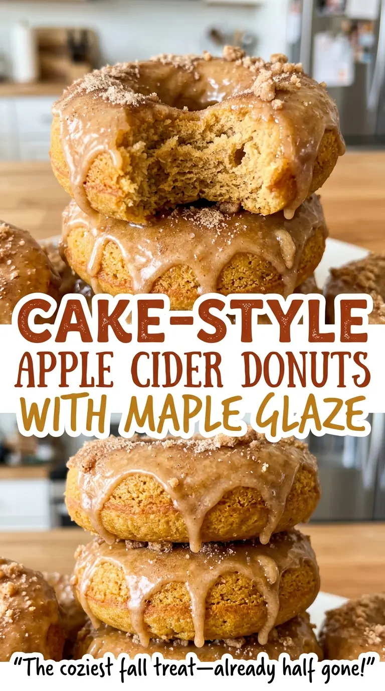 Cake-Style Apple Cider Donuts with Maple Glaze, stacked and maple-glazed